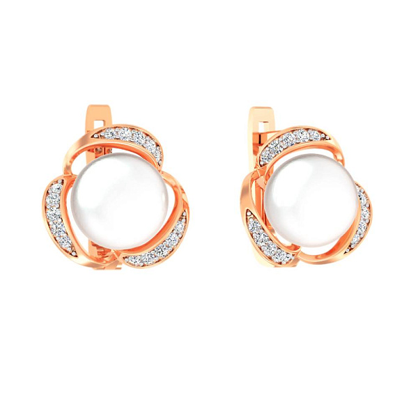 Золотые серьги с жемчугом и фианитами (арт. 111170) – изображение 1