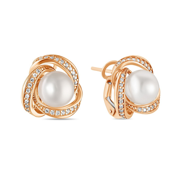 Золотые серьги с жемчугом и фианитами (арт. 107571прлб) – изображение 1