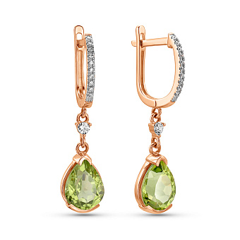 Золотые серьги с хризолитом и фианитами (арт. 110222Пп)