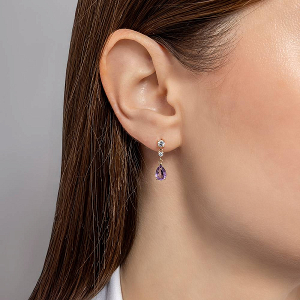 Золотые серьги-подвески с аметистом и фианитами (арт. 1101149Па) – изображение 3