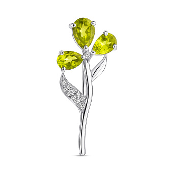 Серебряная брошь с хризолитом и фианитами (арт. 7505/2193555Хрз)