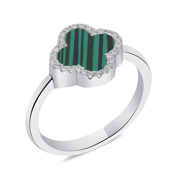 Серебряное кольцо Клевер с малахитом и фианитами (арт. 7501/5075/10млх) – изображение 1