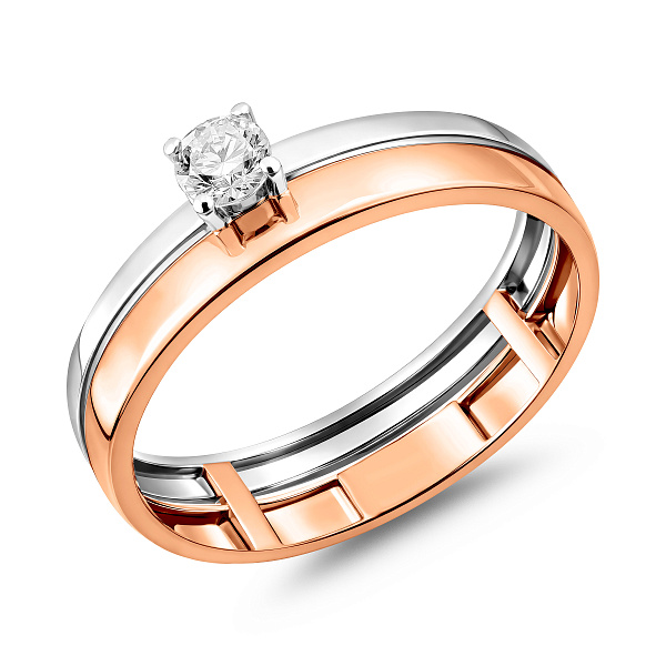 Двойное кольцо из красного и белого золота с фианитом (арт. 140834кб) – изображение 1