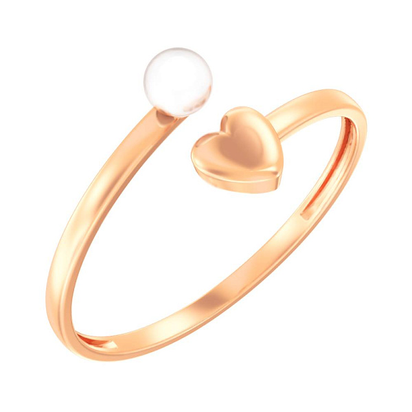 Золотое незамкнутое кольцо с жемчужиной и сердцем  (арт. 140942) – изображение 1