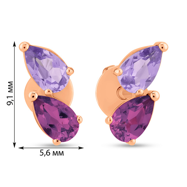 Сережки-пусети з червоного золота з гранатом і аметистом (арт. 111234Пгра) – зображення 3