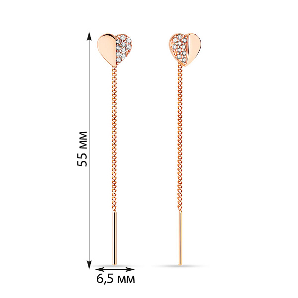 Золоті сережки-ланцюжки «Сердечка» з фіанітами (арт. 101714) – зображення 3