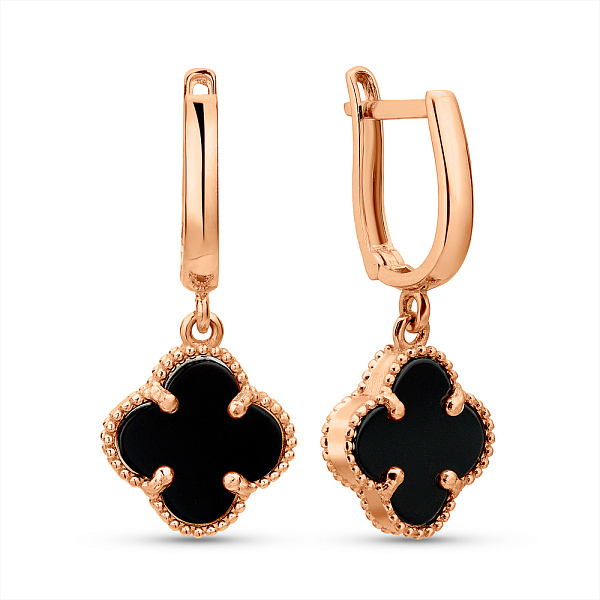 Золотые серьги Клевер с ониксом (арт. 105693/10о) – изображение 1