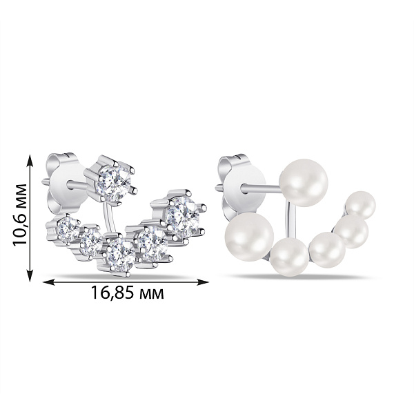 Серебряные пусеты-джекеты с жемчугом (арт. 7518/5759жб) – изображение 2