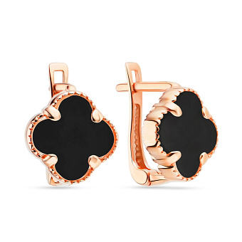 Фото Золотые серьги "Клевер" с ониксом (арт. 106087/15о)
