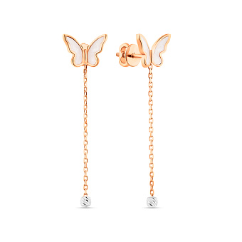 Фото Золотые серьги-пусеты Бабочки с цепочкой (арт. 111221еп)