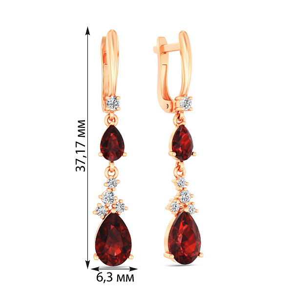 Золотые серьги подвески с гранатом и фианитами (арт. 111119Пкф) – изображение 2