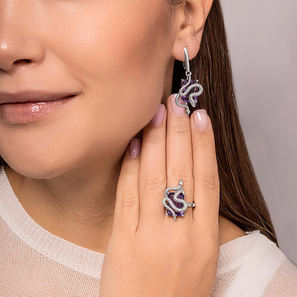 Серьги-подвески из серебра Змея с аметистом (арт. 7502/2192565А) – изображение 3