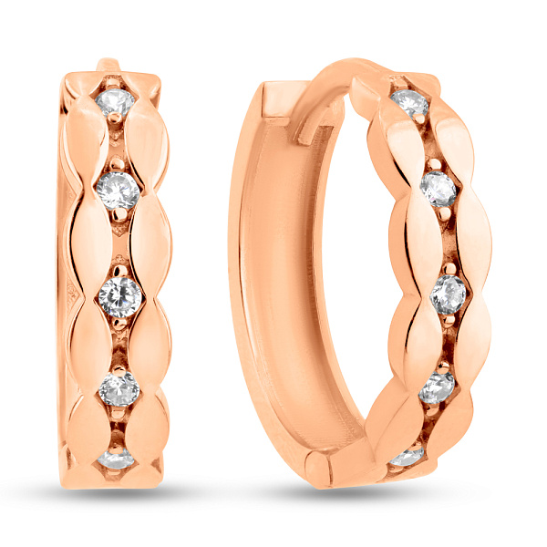 Серьги-кольца из красного золота с дорожкой из фианитов (арт. 1091431) – изображение 1