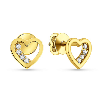 Фото Серьги-пусеты Сердце из желтого золота с фианитами (арт. 110698ж)