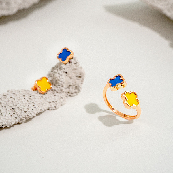 Золотое незамкнутое кольцо с синей и желтой эмалью (арт. 141087/1есж) – изображение 3