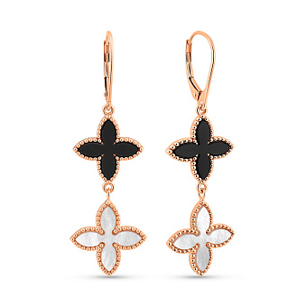 Золотые серьги Клевер с ониксом и перламутром (арт. 1091541/15оп)