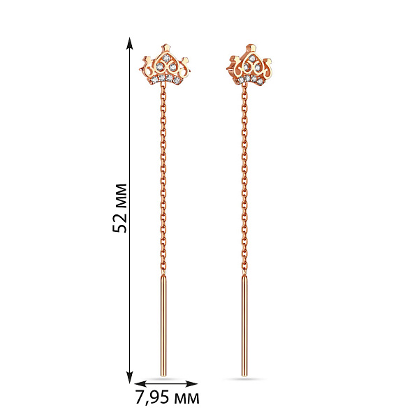 Сережки-ланцюжки Корона з червоного золота з фіанітами (арт. 107667) – зображення 3