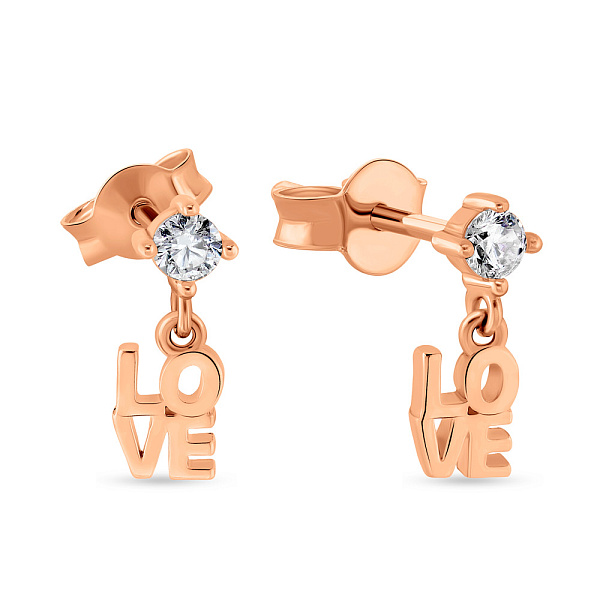 Золотые серьги-пусеты "Love" с подвеской (арт. 108786) – изображение 1