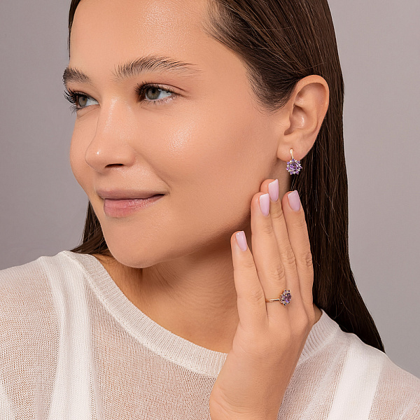 Золоті сережки з аметистом і фіанітами (арт. 111244Паф) – зображення 4