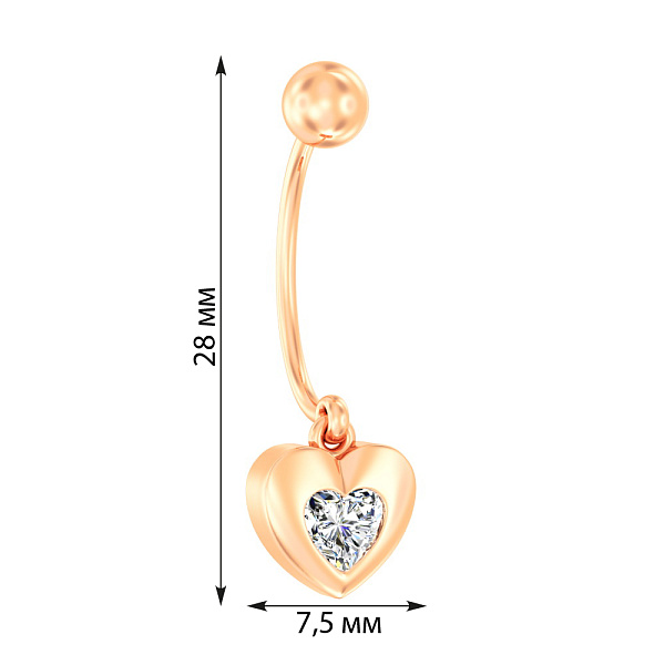 Золотая серьга-пирсинг «Сердечко» с фианитом (арт. 360058) – изображение 2