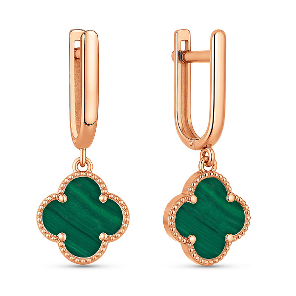 Серьги-подвески из красного золота Клевер с малахитом (арт. 110714/10млх) – изображение 1