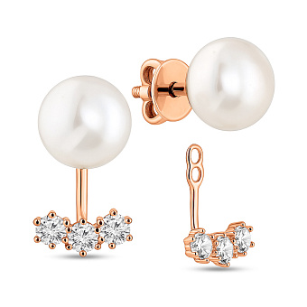 Золотые пусеты-джекеты с жемчугом и фианитами (арт. 110668)