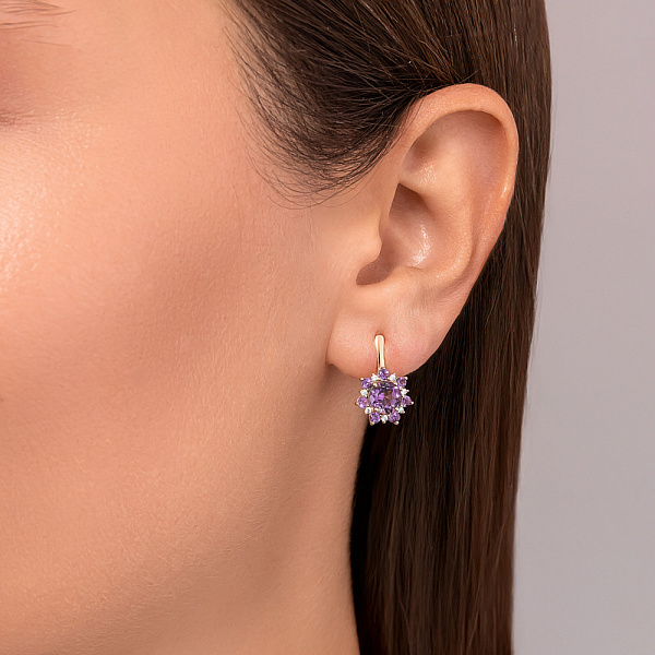 Золоті сережки з аметистом і фіанітами (арт. 111244Паф) – зображення 2