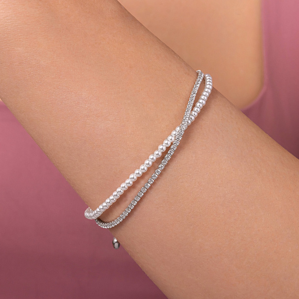 Срібний тенісний браслет з перлами (арт. 7509/5276жб) – зображення 3