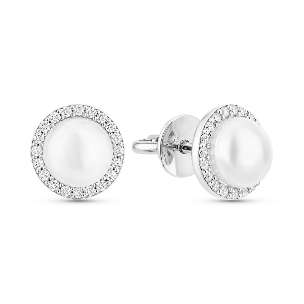 Пусети з білого золота з перлами і фіанітами (арт. 110194б) – зображення 1