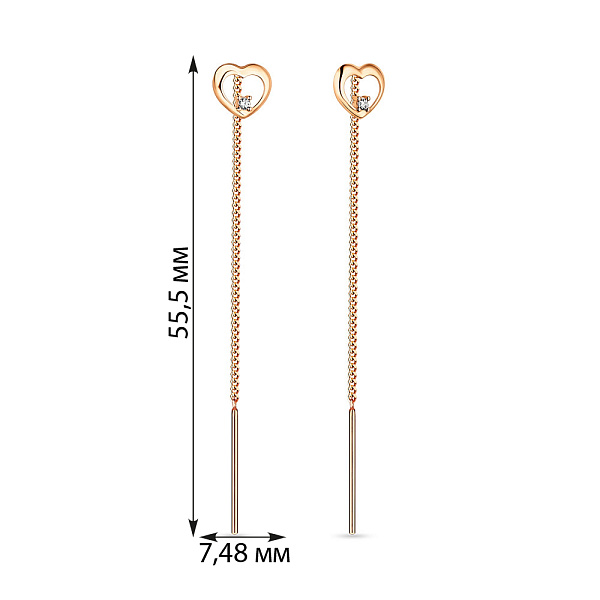Золотые сережки-протяжки «Сердце» (арт. 110826) – изображение 3