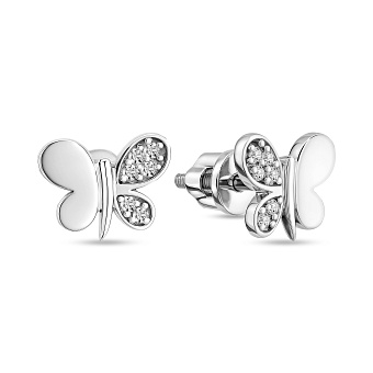 Фото Пусеты из белого золота Бабочки с фианитами (арт. 110328б)