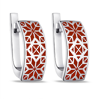 Серебряные серьги Орнамент с красной эмалью (арт. 7502/А046ексю)