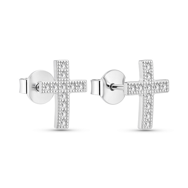 Серебряные серьги-пусеты крест с фианитами (арт. 7518/5969) – изображение 1