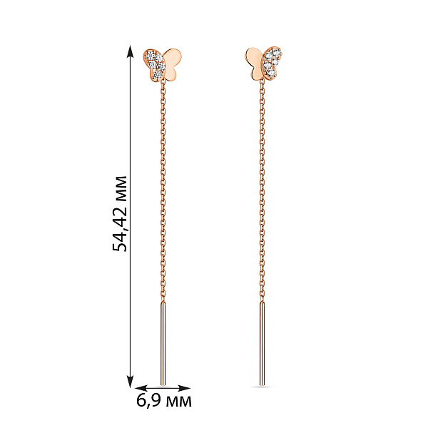 Серьги-протяжки "Бабочки" из золота с фианитами (арт. 108573) – изображение 2