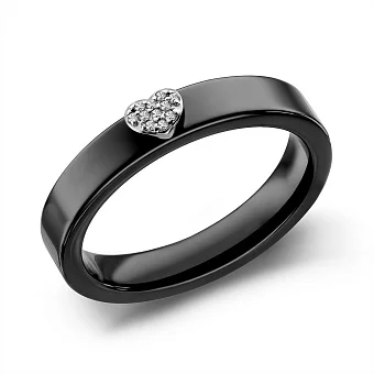 Каблучка Серце з золота та чорної кераміки з діамантами (арт. К011793бч)