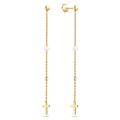 Золоті сережки-підвіски з перлами (арт. 106796жпрлб)