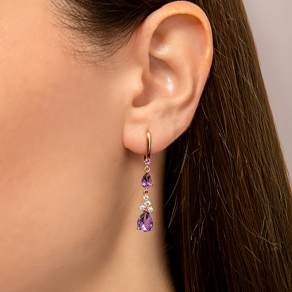 Сережки-подвески из красного золота с аметистом (арт. 111119Паф) – изображение 2