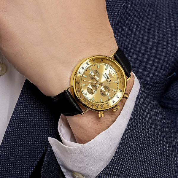 Золотые часы с кожаным ремешком (арт. 260239жжч) – изображение 3