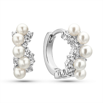 Серебряные серьги с жемчугом и фианитами (арт. 7502/2185666жб)