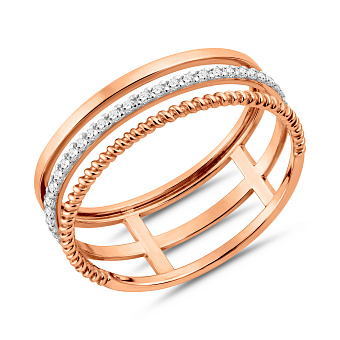 Фото Потрійна каблучка з червоного золота з фіанітами (арт. 140955)