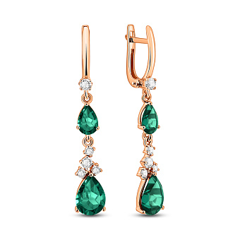 Золотые серьги подвески с зеленым кварцем и фианитами (арт. 111119Пзф)