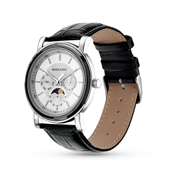 Массивные серебряные часы с кожаным ремешком (арт. 7526/330сркмчч) – изображение 1