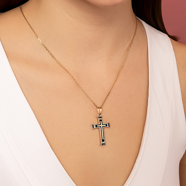 Золотий хрестик з емаллю і фіанітами (арт. 424939ч) – зображення 3