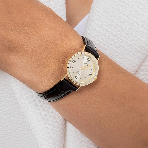 Золотые кварцевые часы с кожаным ремешком (арт. 260253жжч) – изображение 3