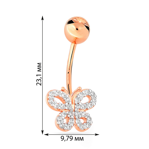 Золота сережка-пірсинг для пупка «Метелик» з фіанітами (арт. 360014) – зображення 2