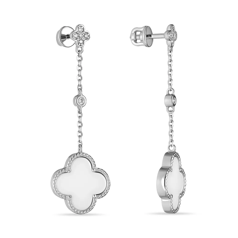 Срібні сережки з білою керамікою і фіанітами (арт. 7518/2629б049)