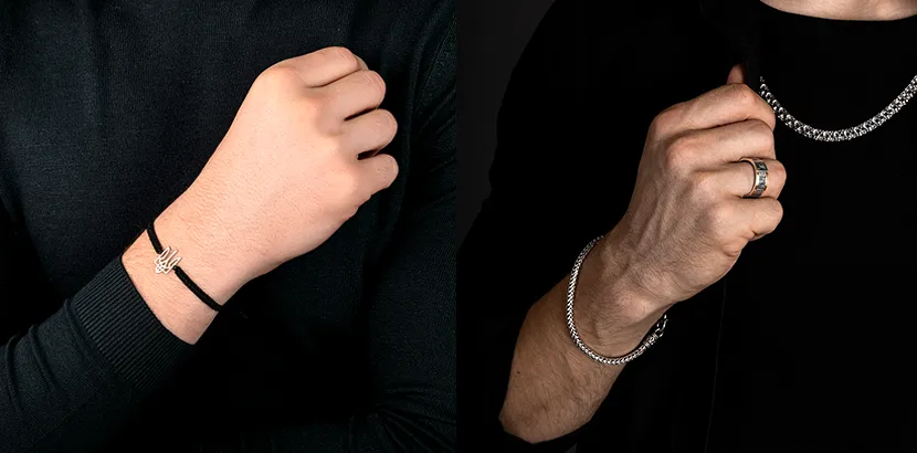 Мужской серебряный браслет-цепочка и браслет с черной нитью и гербом Украины.
