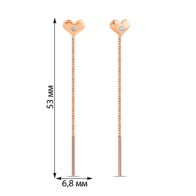 Сережки протяжки з золота Серце з фіанітами (арт. 1091116)