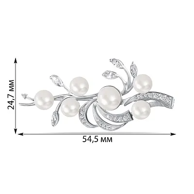 Брошка срібна з перлинами і з фіанітами  (арт. 7505/0854.10жб)