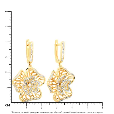 Золотые сережки-подвески «Цветы» с фианитами (арт. 110416ж)